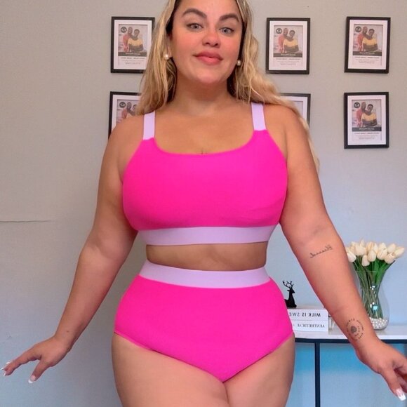 Bikini Set Two Piece High Waisted Scoop Neck Swimsuit Plus Size Pink Purple NEW - Picture 4 of 12